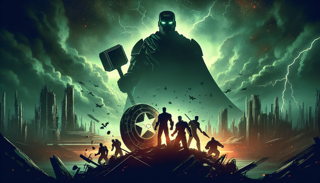 Siluet para pahlawan di atas reruntuhan kota dengan bayangan penjahat raksasa dan perisai retak di depan.