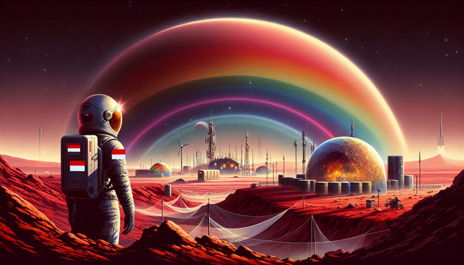 Astronot memandang pelangi di langit Mars dengan latar koloni futuristik di tengah lanskap merah tandus.