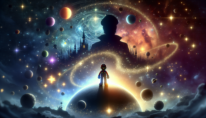 Ilustrasi petualang kosmik di atas planet kecil, dikelilingi galaksi berwarna dan istana fantasi di kejauhan.