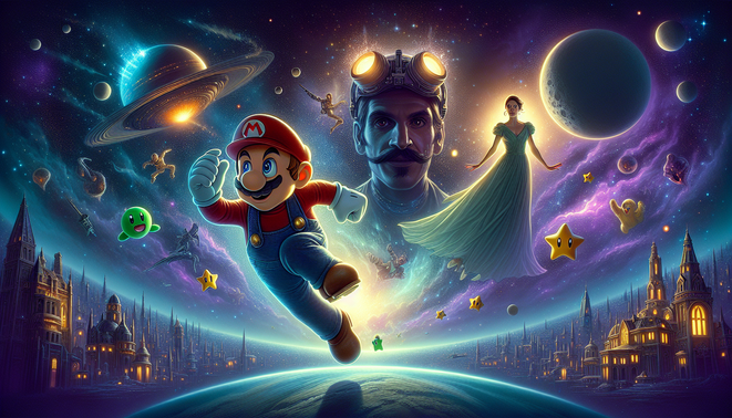 Ilustrasi Mario dan teman-teman melompat di antara planet kecil di luar angkasa dengan observatorium kosmik magis.