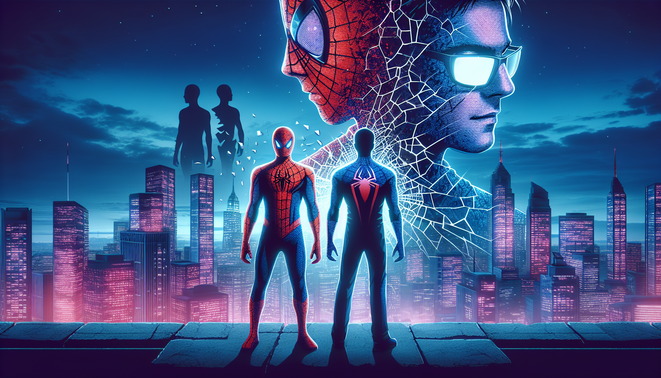 Dua versi Peter Parker berhadapan di atap kota malam, mencerminkan konflik klon dan krisis identitas.