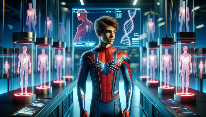 Remaja berkostum mirip Spider-Man di laboratorium futuristik, menghadap deretan kapsul berisi siluet klon dirinya.