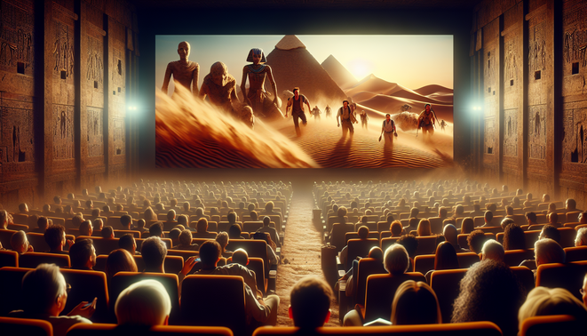 Ilustrasi penonton bioskop modern menonton ulang film petualangan mumi berlatar gurun Mesir.