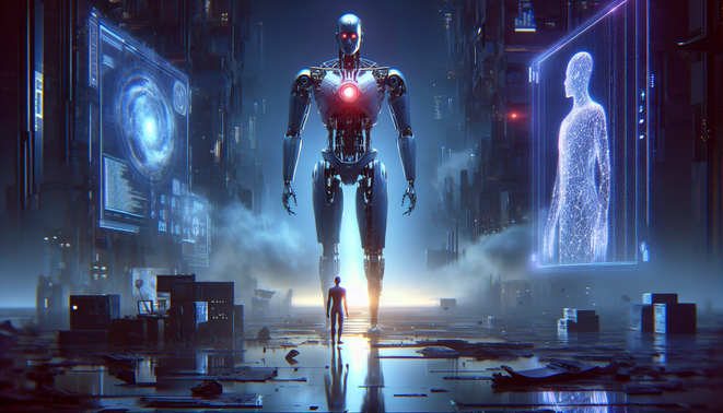 Ilustrasi Ultron memudar menjadi kode digital, Vision putih mengamatinya di kota futuristik yang hancur sebagian.