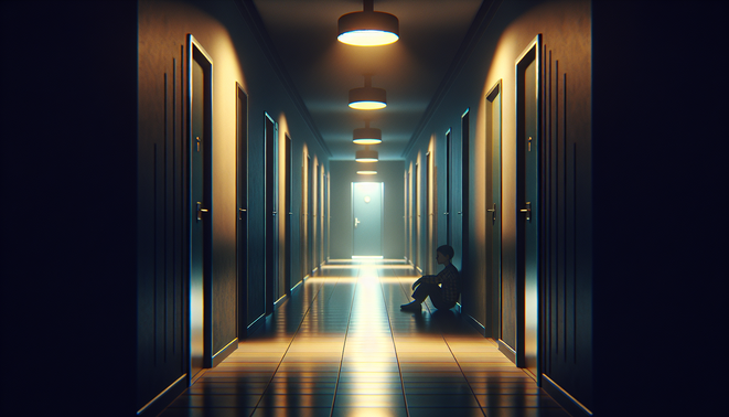 Ilustrasi lorong apartemen remang dengan sosok sendirian mendengarkan sunyi yang mencekam.