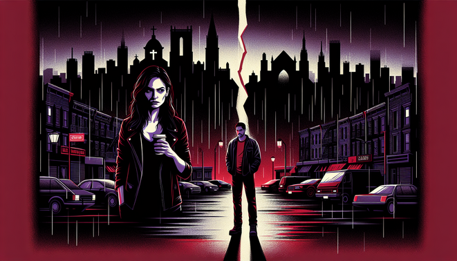 Ilustrasi noir Hell’s Kitchen malam hari dengan dua sosok misterius, bernuansa duka dan kebangkitan baru.