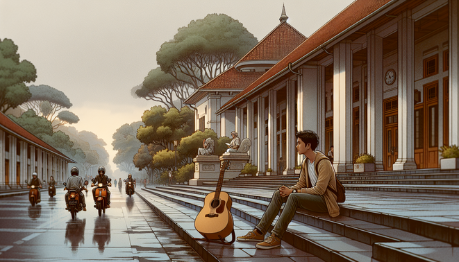 Ilustrasi mahasiswa akhir 90-an duduk di tangga kampus ITB Bandung sambil memegang gitar, suasana nostalgik mendung.
